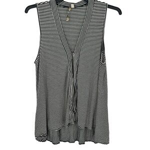 Comfy USA Black White Striped Sleeveless Zipper V Neck Shirt Top Womens Medium